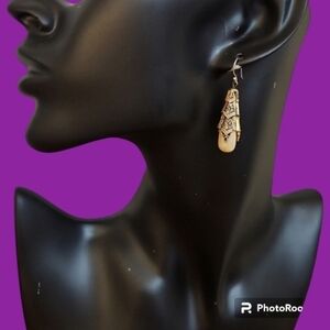 Vtg Great Gatsby Damascene Faux Pearl Drop Dangle Earrings